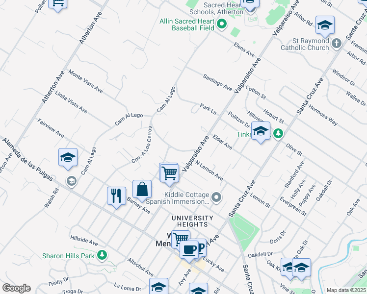 map of restaurants, bars, coffee shops, grocery stores, and more near 93 Camino Por Los Arboles in Atherton