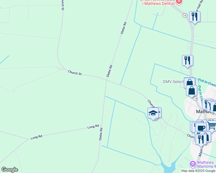map of restaurants, bars, coffee shops, grocery stores, and more near 939 Glebe Road in Mathews