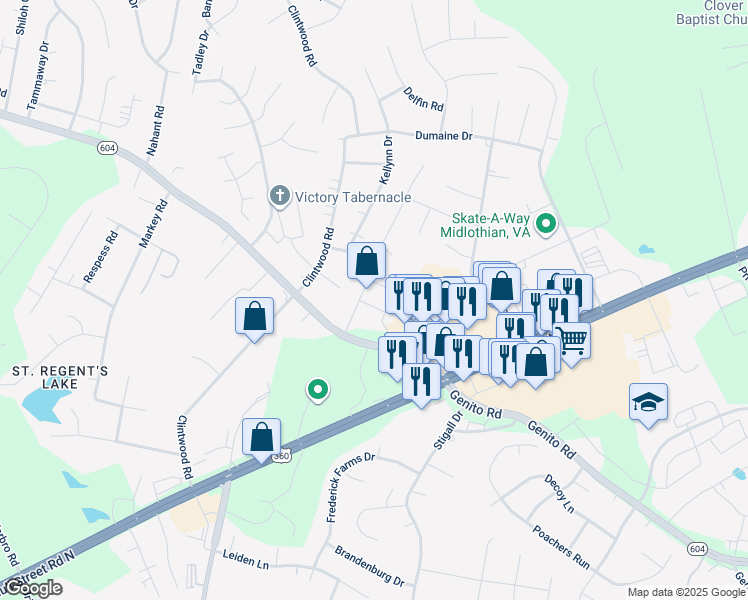 map of restaurants, bars, coffee shops, grocery stores, and more near 3708 Banana Lane in Midlothian