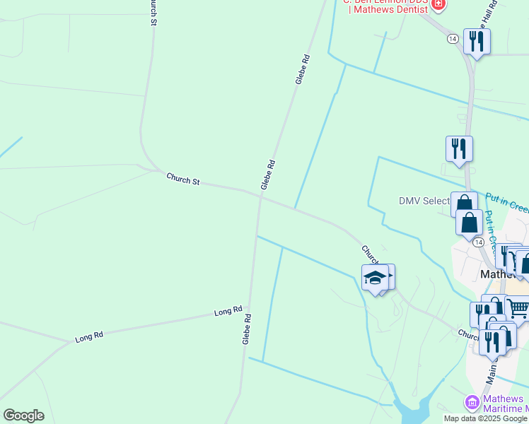 map of restaurants, bars, coffee shops, grocery stores, and more near 939 Glebe Road in Mathews