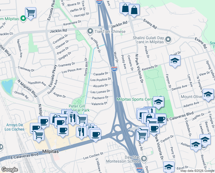 map of restaurants, bars, coffee shops, grocery stores, and more near 870 Alcosta Drive in Milpitas
