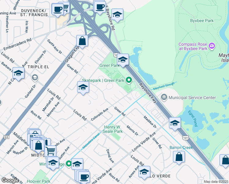 map of restaurants, bars, coffee shops, grocery stores, and more near 1131 Colorado Avenue in Palo Alto