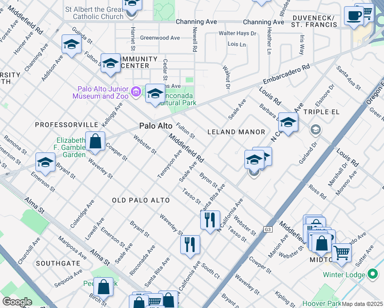 map of restaurants, bars, coffee shops, grocery stores, and more near in Palo Alto