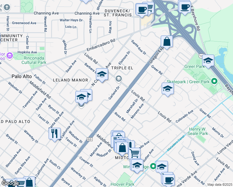 map of restaurants, bars, coffee shops, grocery stores, and more near 866 Garland Dr in Palo Alto