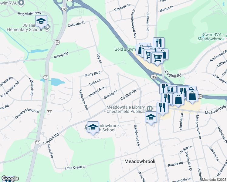 map of restaurants, bars, coffee shops, grocery stores, and more near 5719 Upp Street in Richmond