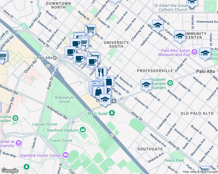 map of restaurants, bars, coffee shops, grocery stores, and more near 145 Addison Avenue in Palo Alto