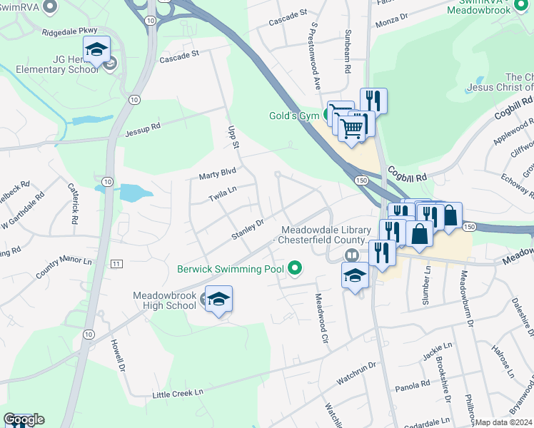 map of restaurants, bars, coffee shops, grocery stores, and more near 5719 Upp Street in Richmond