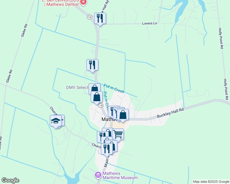 map of restaurants, bars, coffee shops, grocery stores, and more near 212 Cross Court in Mathews