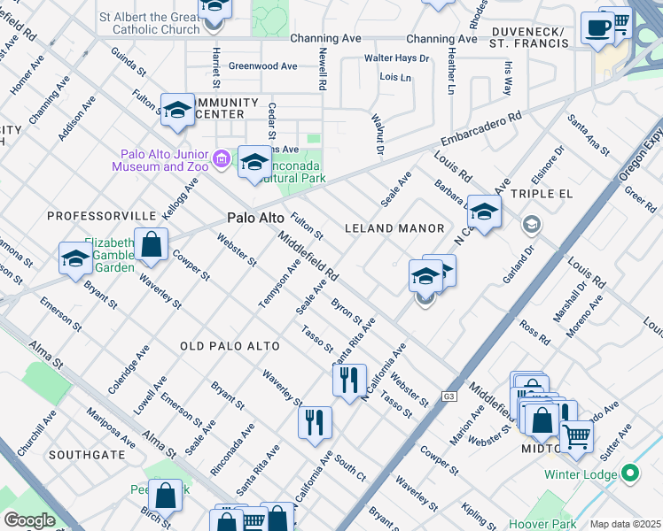 map of restaurants, bars, coffee shops, grocery stores, and more near 1875 Middlefield Road in Palo Alto