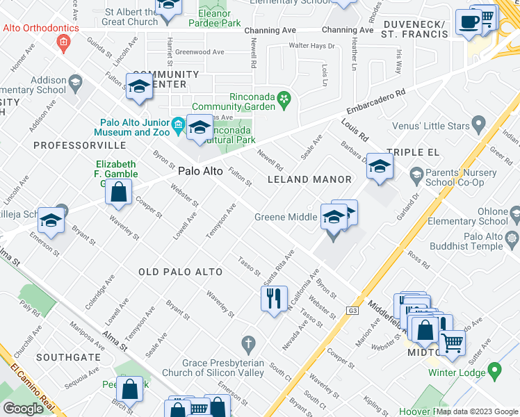 map of restaurants, bars, coffee shops, grocery stores, and more near 1875 Middlefield Road in Palo Alto