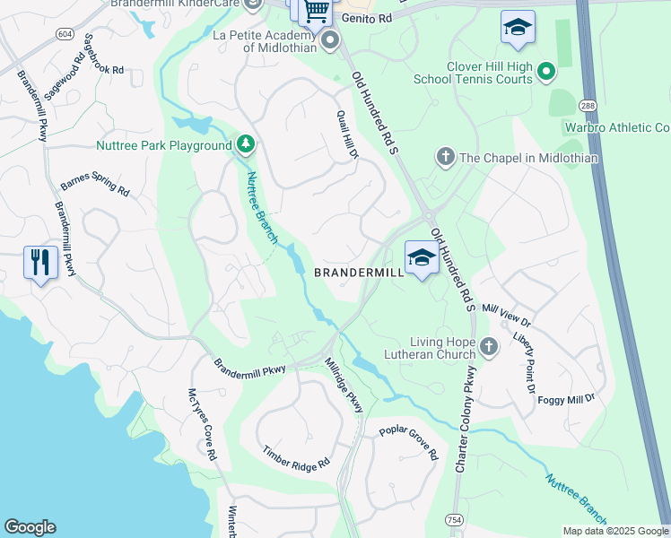 map of restaurants, bars, coffee shops, grocery stores, and more near 13703 Quail Meadows Lane in Midlothian
