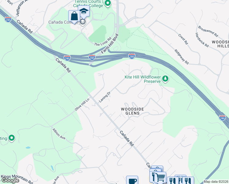map of restaurants, bars, coffee shops, grocery stores, and more near 112 Jane Drive in Woodside