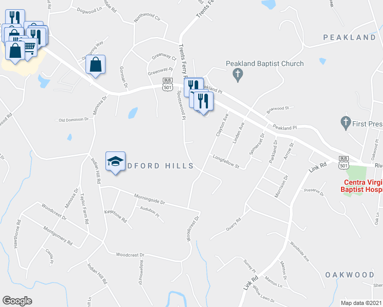 map of restaurants, bars, coffee shops, grocery stores, and more near 1720 Spottswood Place in Lynchburg