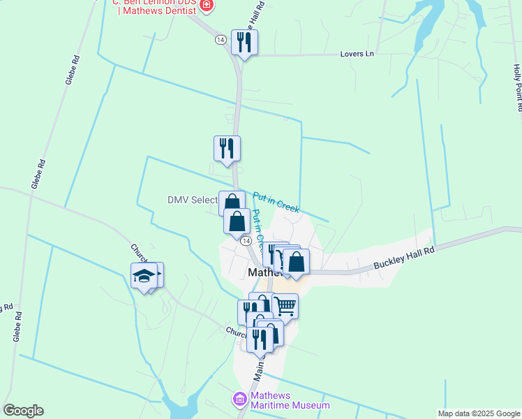 map of restaurants, bars, coffee shops, grocery stores, and more near 10601 Buckley Hall Road in Mathews