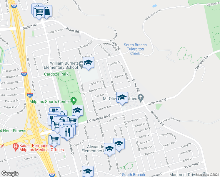 map of restaurants, bars, coffee shops, grocery stores, and more near 133 North Temple Drive in Milpitas