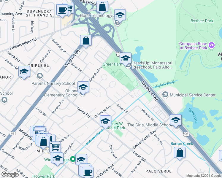 map of restaurants, bars, coffee shops, grocery stores, and more near 1014 Moffett Circle in Palo Alto