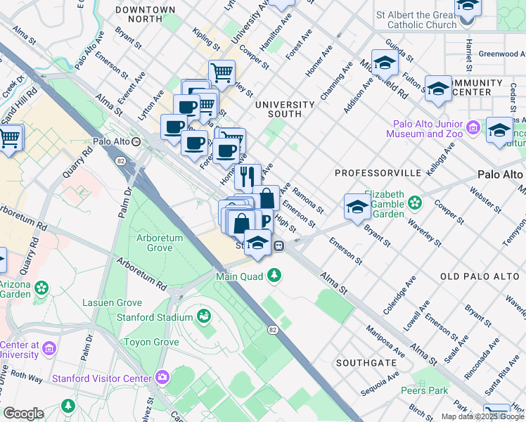 map of restaurants, bars, coffee shops, grocery stores, and more near 1012 High Street in Palo Alto