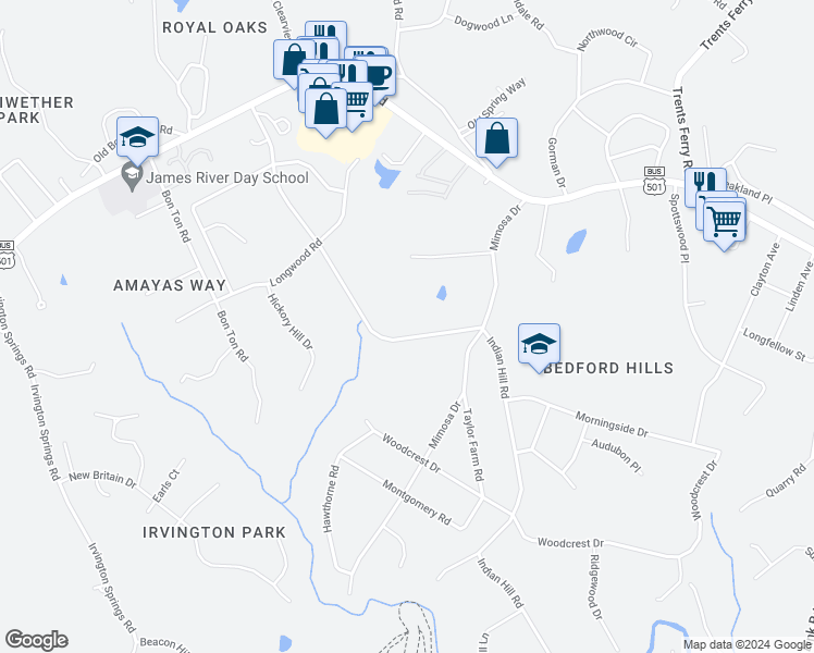 map of restaurants, bars, coffee shops, grocery stores, and more near 2130 Burnt Bridge Road in Lynchburg