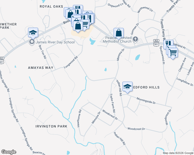 map of restaurants, bars, coffee shops, grocery stores, and more near 2130 Burnt Bridge Road in Lynchburg