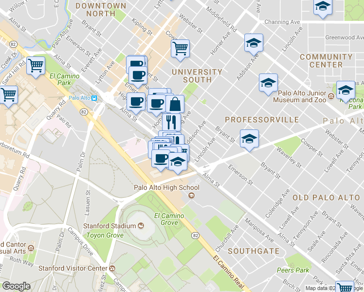 map of restaurants, bars, coffee shops, grocery stores, and more near 145 Addison Avenue in Palo Alto