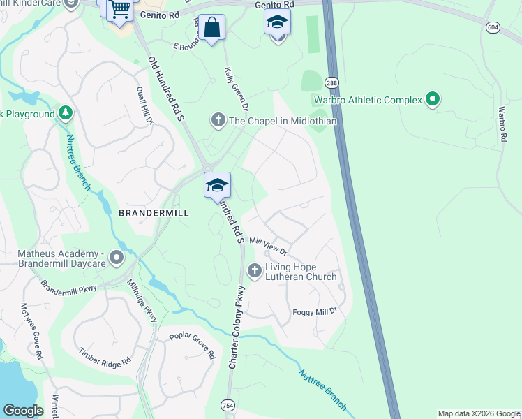 map of restaurants, bars, coffee shops, grocery stores, and more near 3535 Mill Meadow Drive in Midlothian