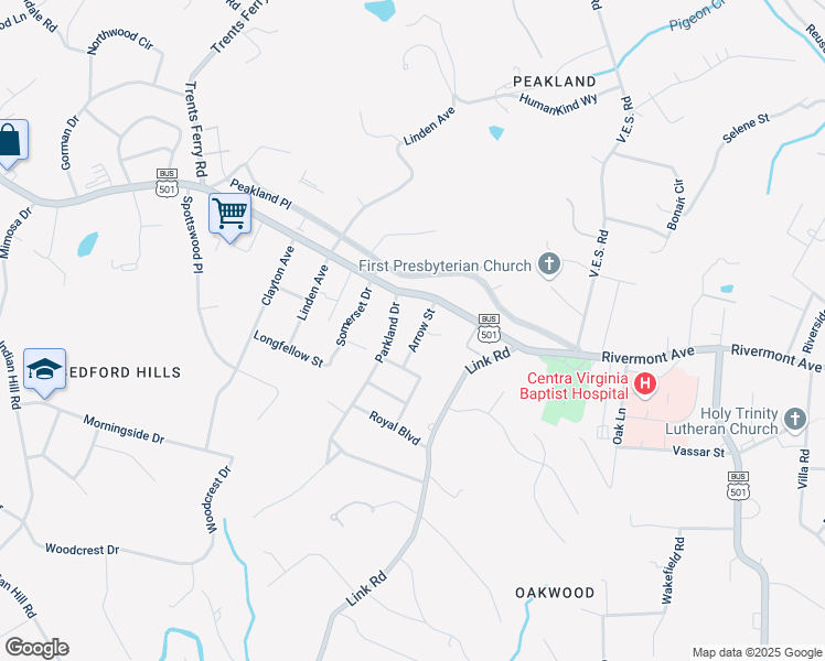 map of restaurants, bars, coffee shops, grocery stores, and more near 1517 Arrow Street in Lynchburg