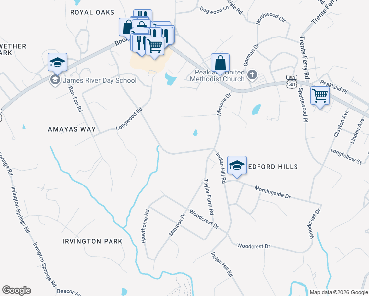 map of restaurants, bars, coffee shops, grocery stores, and more near 2130 Burnt Bridge Road in Lynchburg
