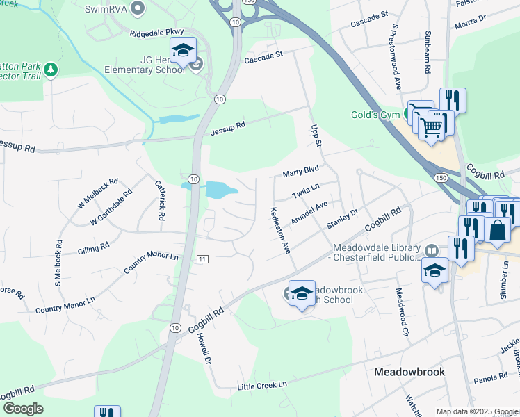 map of restaurants, bars, coffee shops, grocery stores, and more near 4901 Waycrest Terrace in Richmond