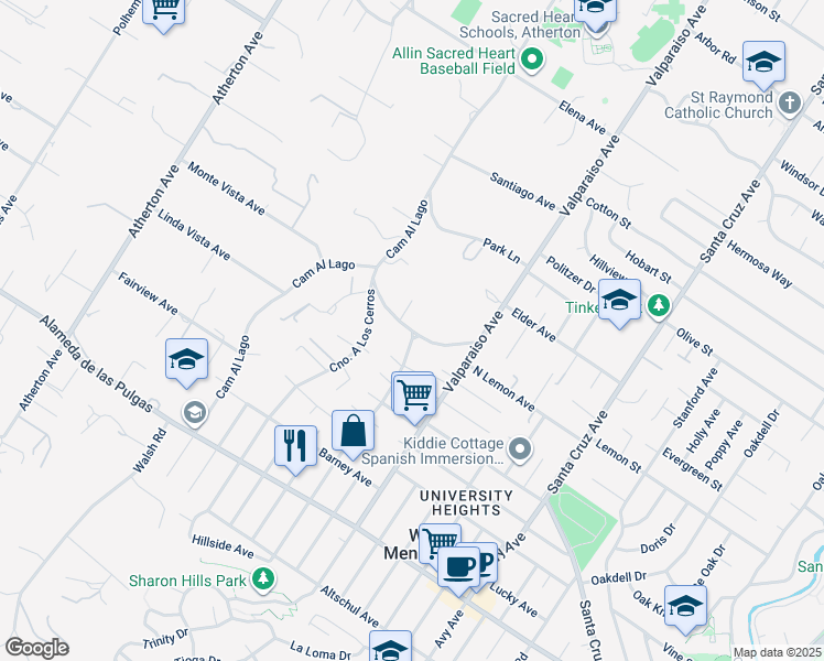 map of restaurants, bars, coffee shops, grocery stores, and more near Camino Por Los Arboles in Atherton