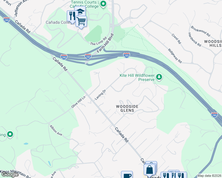 map of restaurants, bars, coffee shops, grocery stores, and more near 112 Jane Drive in Woodside