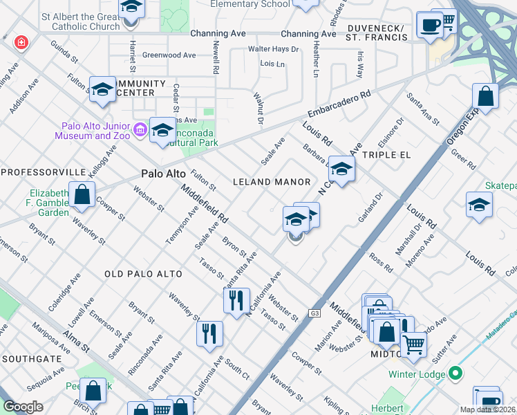 map of restaurants, bars, coffee shops, grocery stores, and more near 740 Northampton Drive in Palo Alto