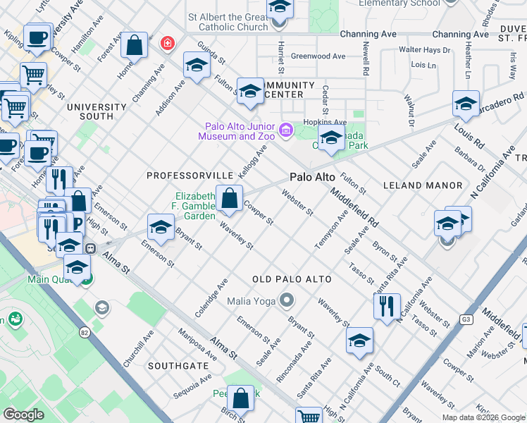 map of restaurants, bars, coffee shops, grocery stores, and more near 1500 Cowper Street in Palo Alto