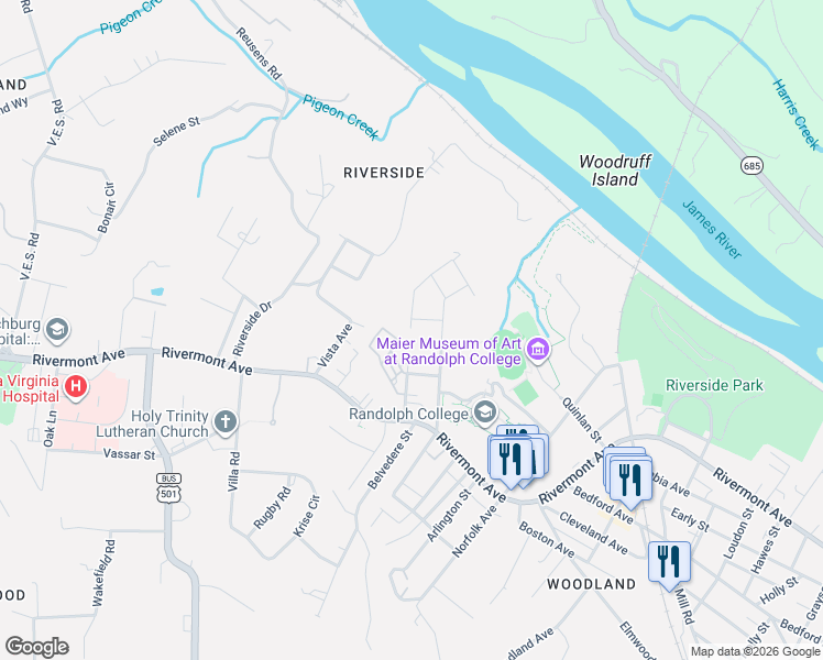 map of restaurants, bars, coffee shops, grocery stores, and more near 89 North Princeton Circle in Lynchburg