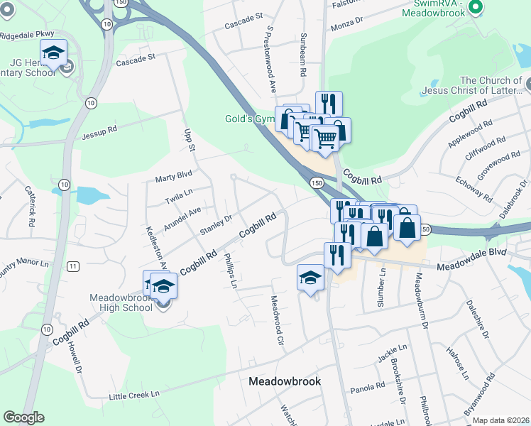 map of restaurants, bars, coffee shops, grocery stores, and more near 4417 Cogbill Road in Richmond