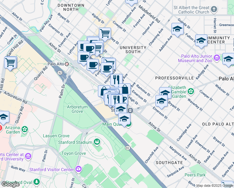 map of restaurants, bars, coffee shops, grocery stores, and more near 917 Alma Street in Palo Alto