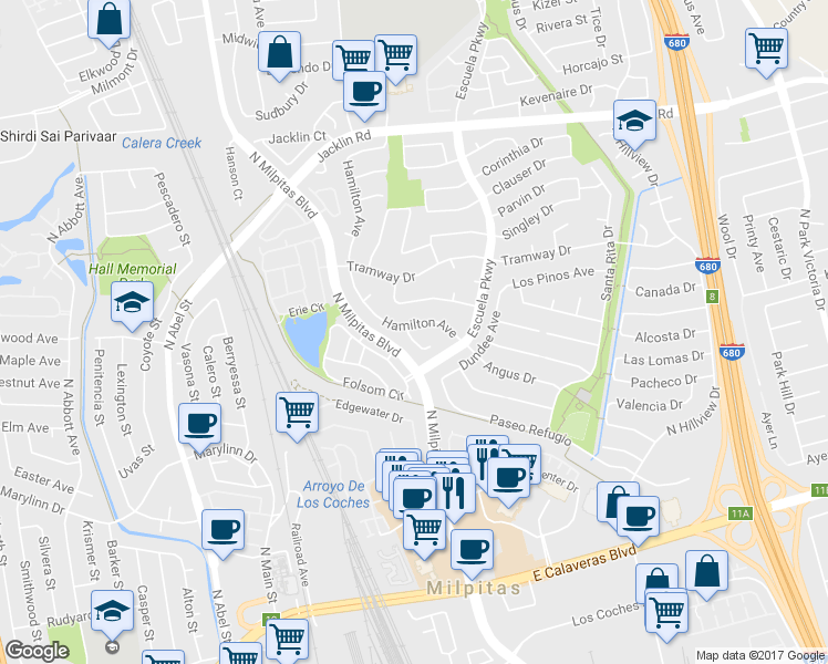 map of restaurants, bars, coffee shops, grocery stores, and more near 581 Hamilton Avenue in Milpitas