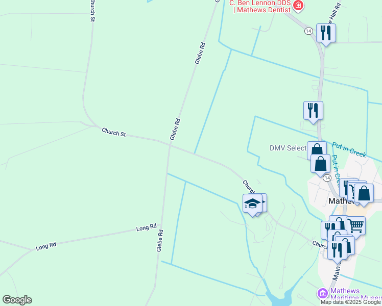 map of restaurants, bars, coffee shops, grocery stores, and more near 846 Church Street in Mathews