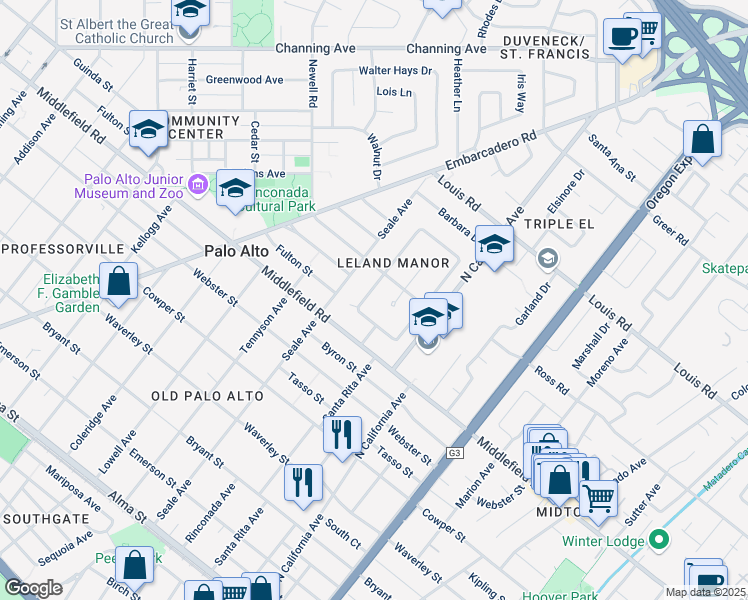 map of restaurants, bars, coffee shops, grocery stores, and more near 740 Northampton Drive in Palo Alto