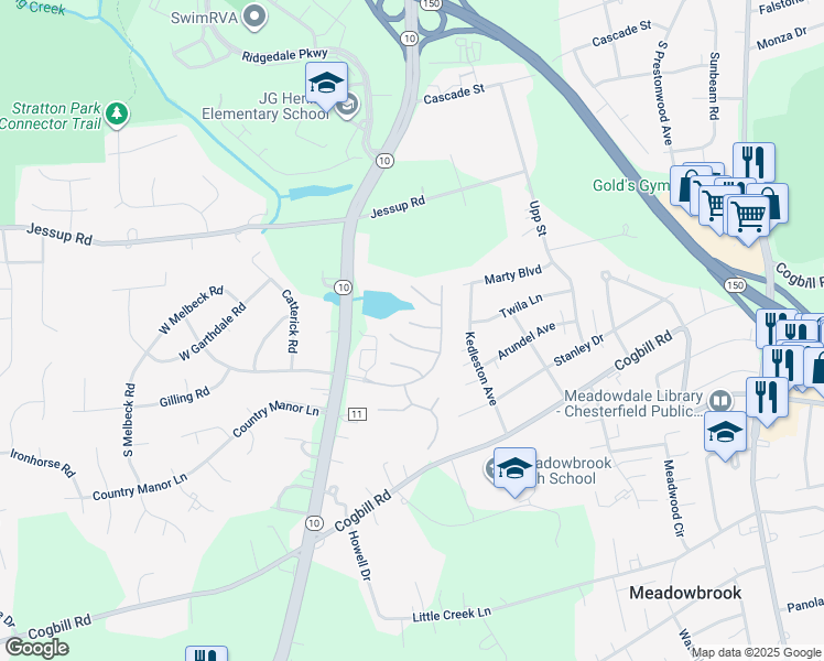 map of restaurants, bars, coffee shops, grocery stores, and more near 4913 Waycrest Terrace in Richmond