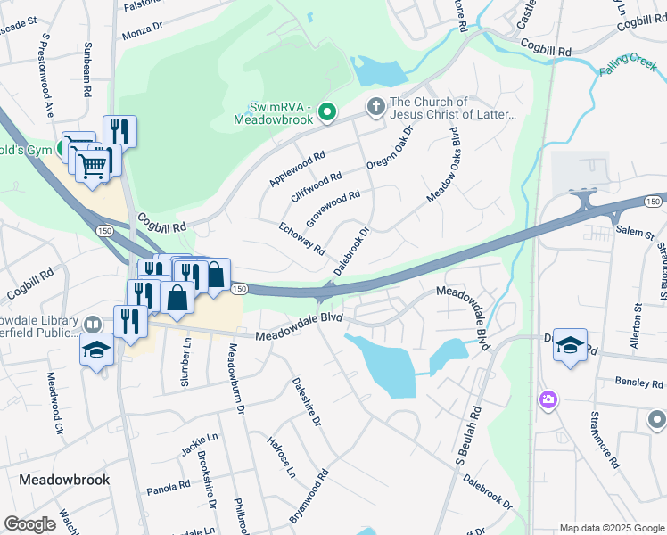 map of restaurants, bars, coffee shops, grocery stores, and more near 3601 Echoway Road in Richmond