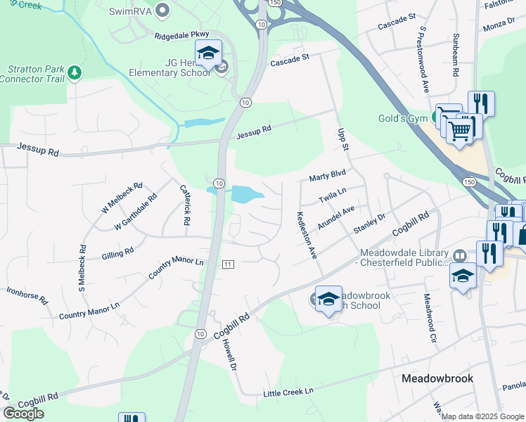 map of restaurants, bars, coffee shops, grocery stores, and more near 4913 Waycrest Terrace in Richmond
