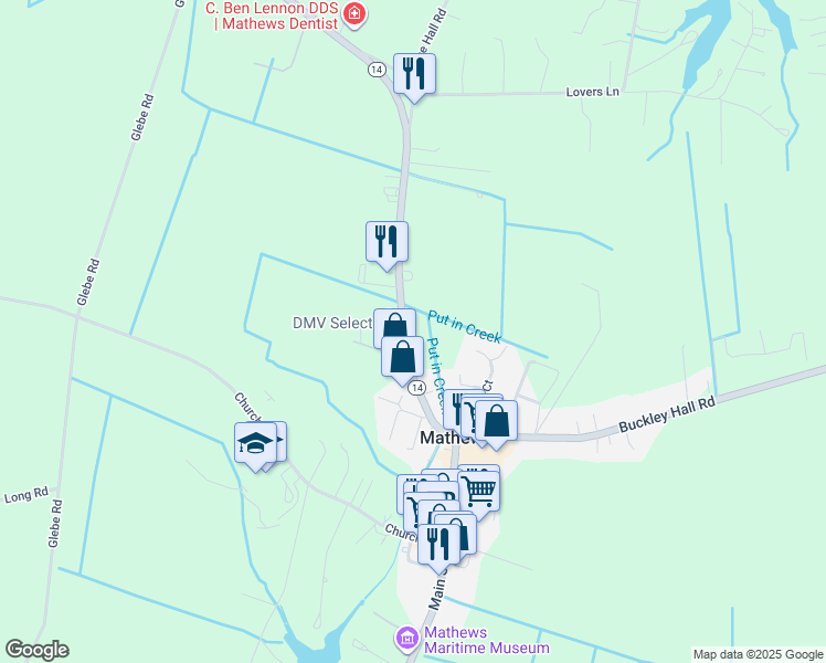 map of restaurants, bars, coffee shops, grocery stores, and more near 10643 Buckley Hall Road in Mathews