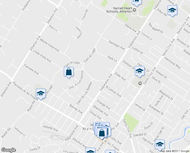 map of restaurants, bars, coffee shops, grocery stores, and more near 63 Camino Por Los Arboles in Atherton