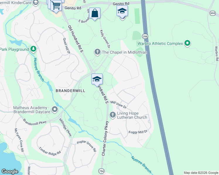 map of restaurants, bars, coffee shops, grocery stores, and more near 3535 Mill Meadow Drive in Midlothian