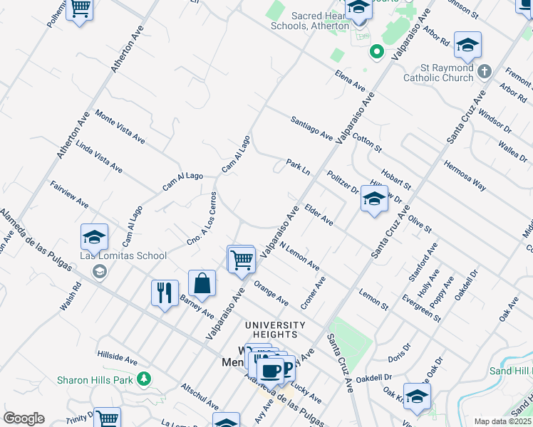map of restaurants, bars, coffee shops, grocery stores, and more near 93 Camino Por Los Arboles in Atherton