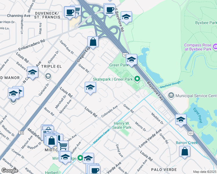 map of restaurants, bars, coffee shops, grocery stores, and more near Greer Road in Palo Alto