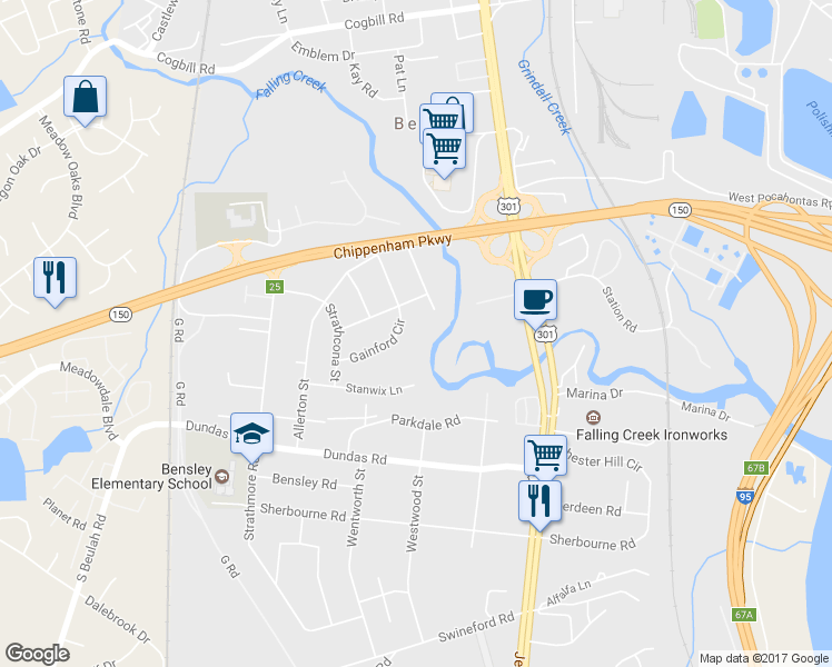 map of restaurants, bars, coffee shops, grocery stores, and more near 2719 Gainford Circle in Richmond
