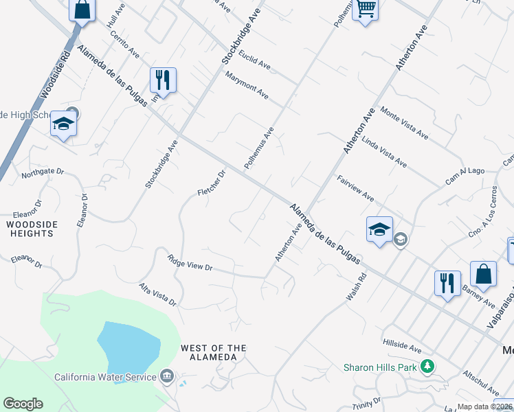 map of restaurants, bars, coffee shops, grocery stores, and more near 331 Stevick Drive in Atherton