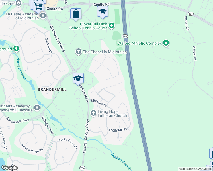 map of restaurants, bars, coffee shops, grocery stores, and more near 12760 Forest Mill Drive in Midlothian