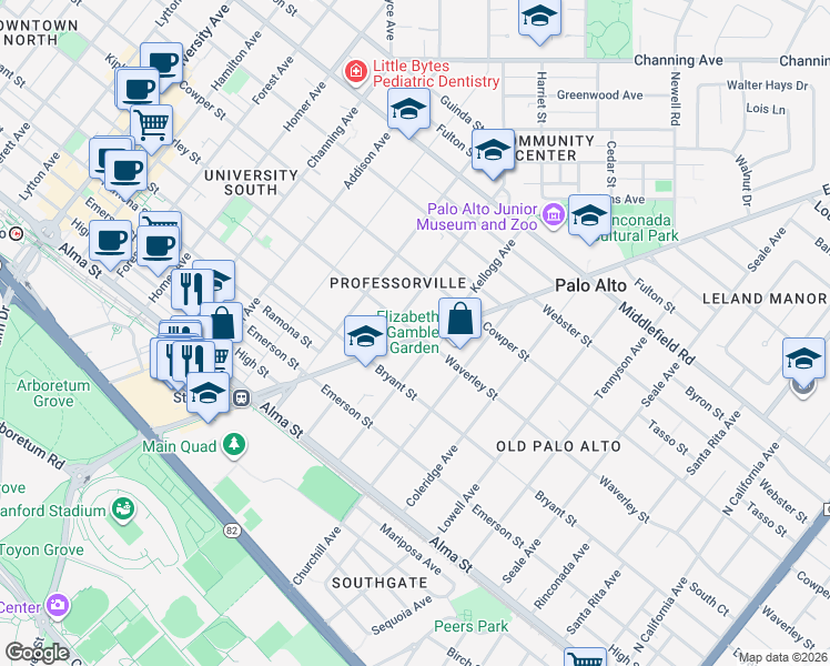 map of restaurants, bars, coffee shops, grocery stores, and more near 2 Waverley Street in Palo Alto